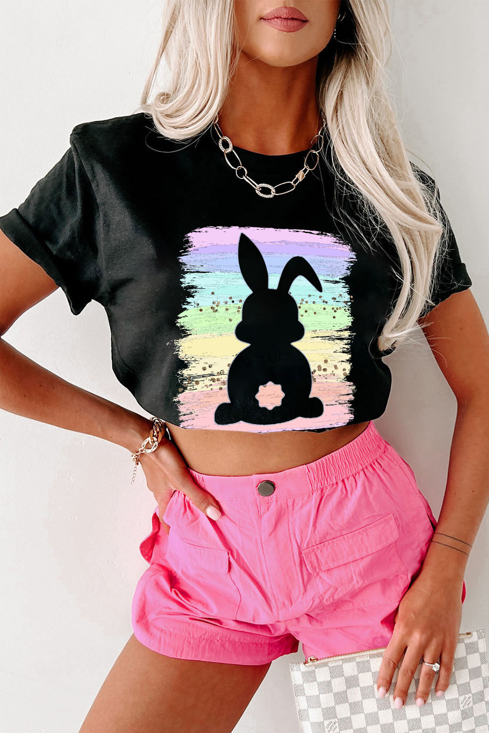 Black Rainbow Splash Easter Rabbit Graphic Tee