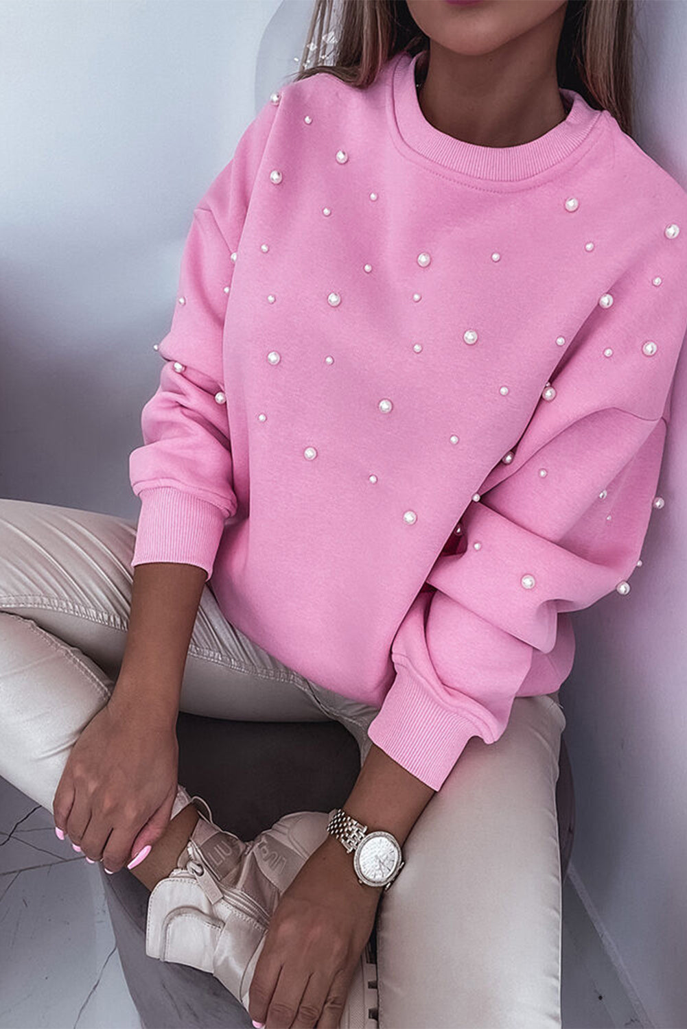 Pearl Detail Ribbed Crew Neck Sweatshirt