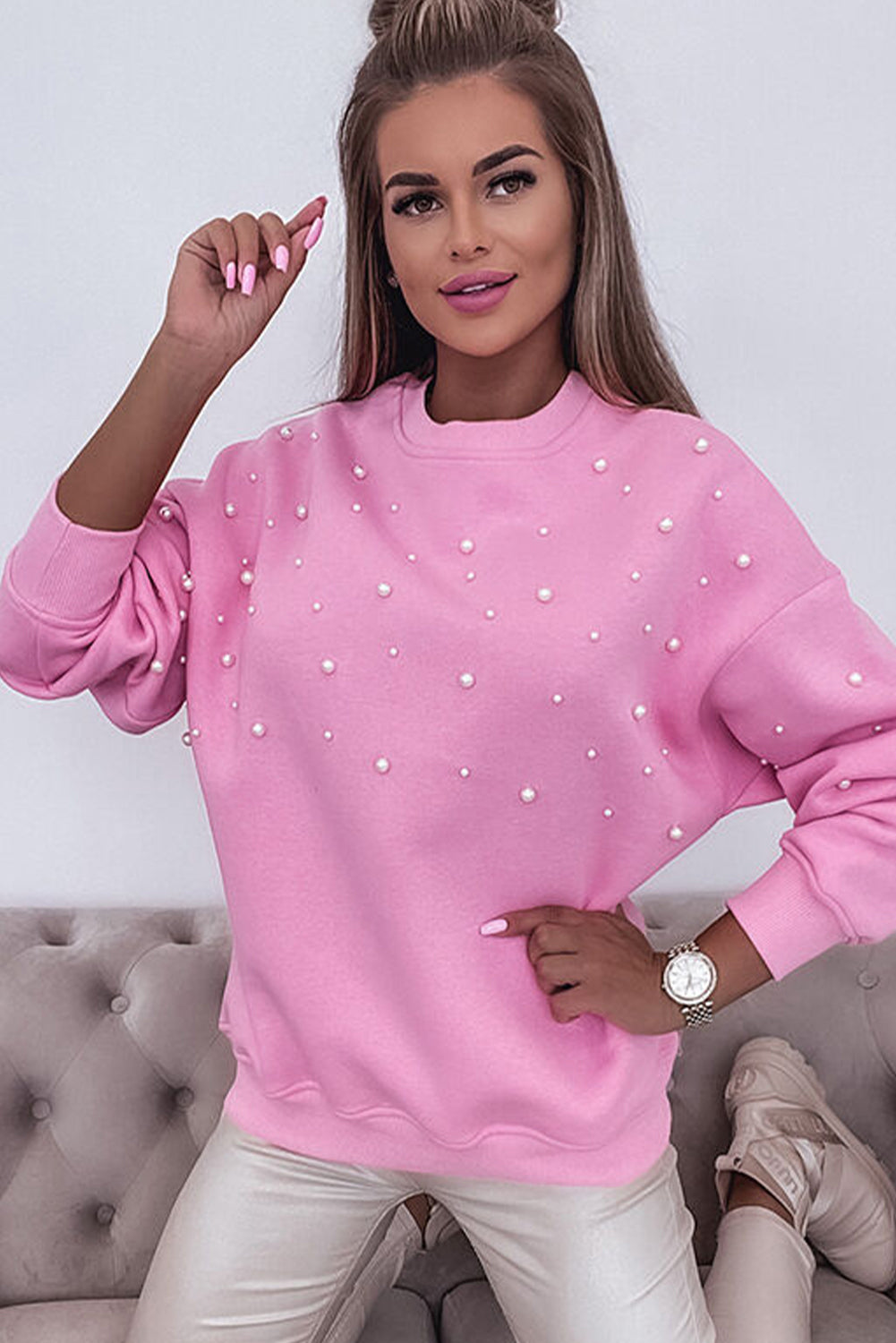 Pearl Detail Ribbed Crew Neck Sweatshirt