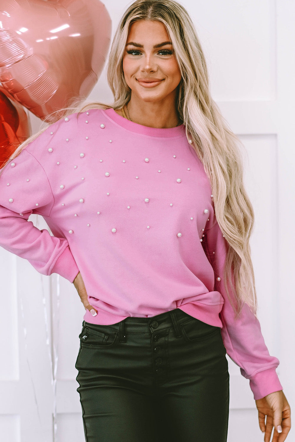 Pearl Detail Ribbed Crew Neck Sweatshirt