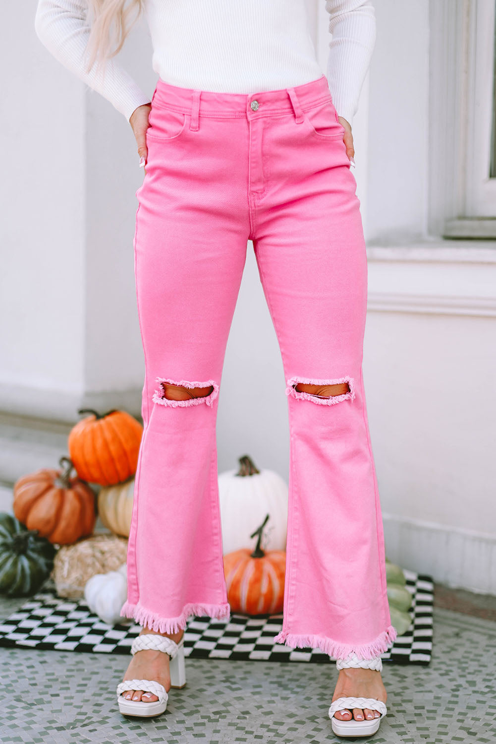 Pink High Waist Flare Leg Ripped Raw Hem Jeans
