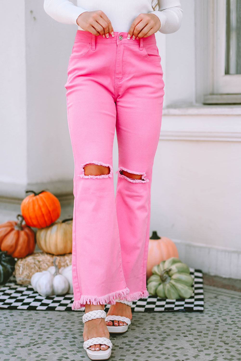 Pink High Waist Flare Leg Ripped Raw Hem Jeans