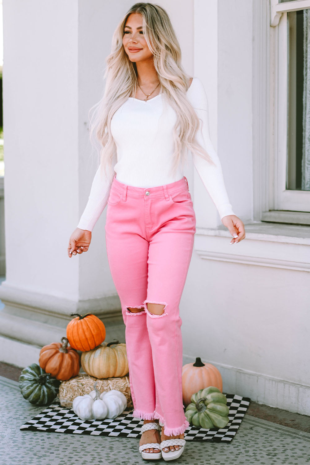 Pink High Waist Flare Leg Ripped Raw Hem Jeans