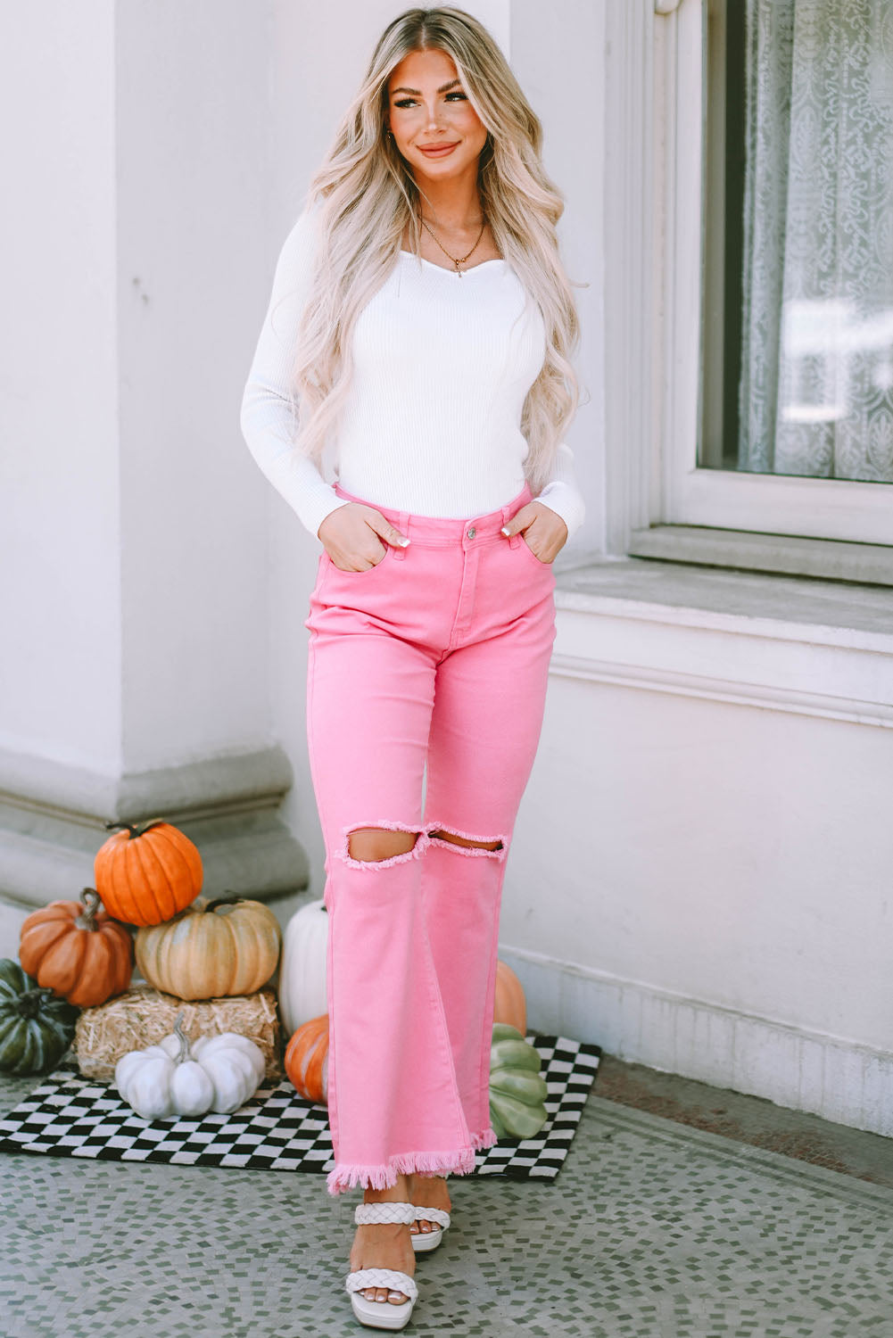 Pink High Waist Flare Leg Ripped Raw Hem Jeans