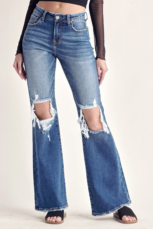 Risen Mid Rise Distressed Flare Jeans