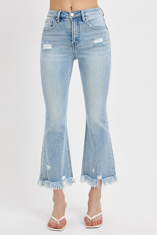 Risen Tummy Control High Rise Flare Frayed Jeans