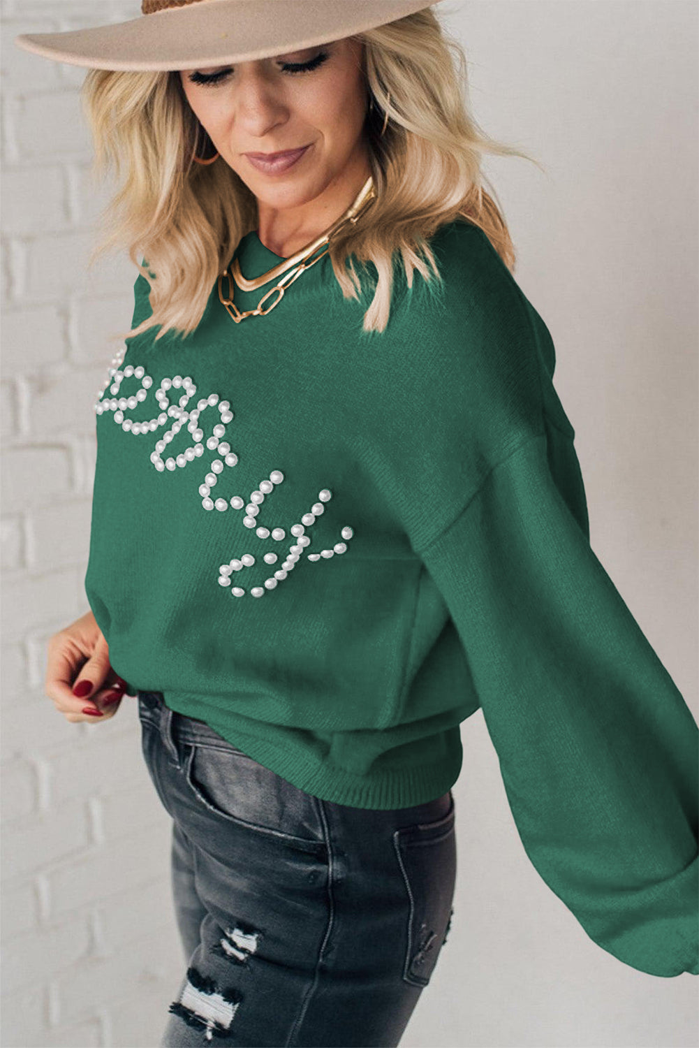 Green Pearl Beaded Merry Sweater