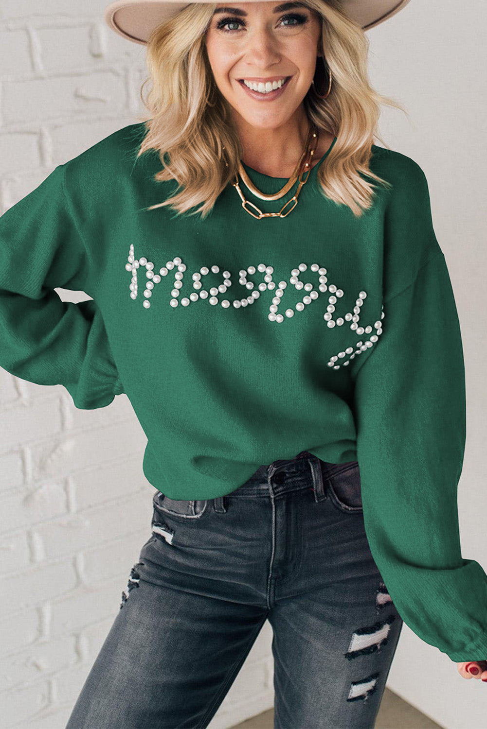 Green Pearl Beaded Merry Sweater