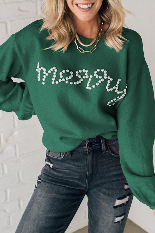 Green Pearl Beaded Merry Sweater