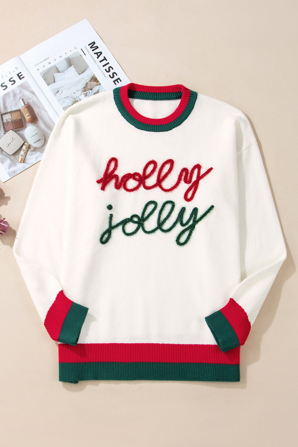 White Tinsel holly jolly Pattern Color block Edge Drop Shoulder Plus Size Sweater