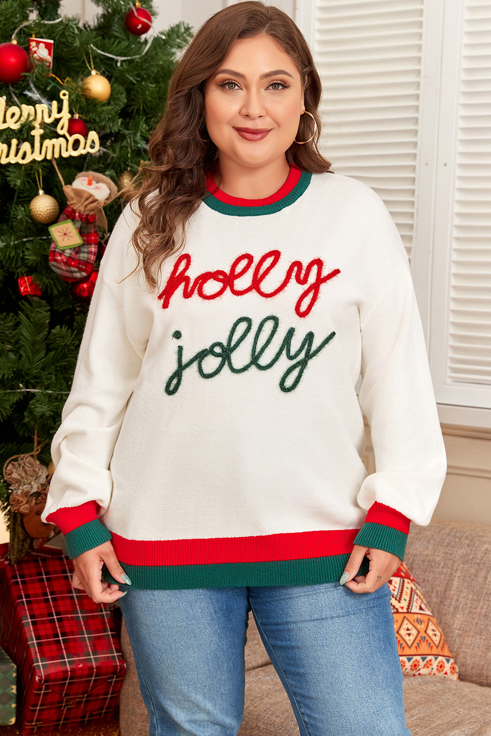 White Tinsel holly jolly Pattern Color block Edge Drop Shoulder Plus Size Sweater