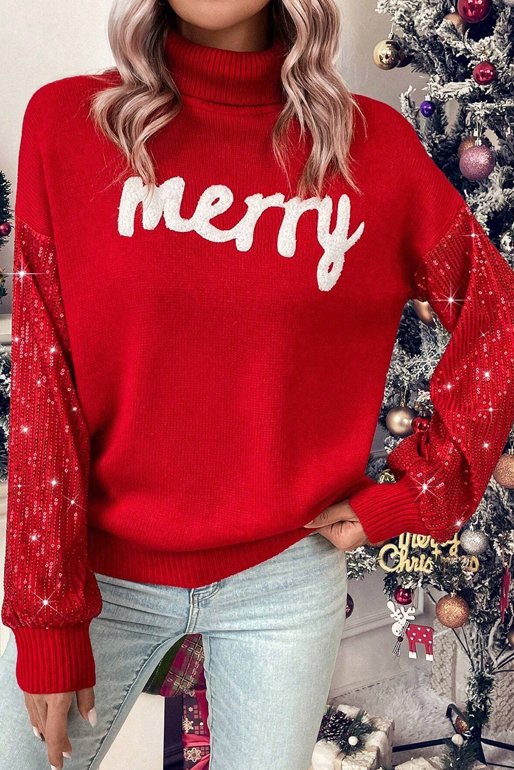 Red Merry Sequin Sleeves Christmas Turtleneck Sweater