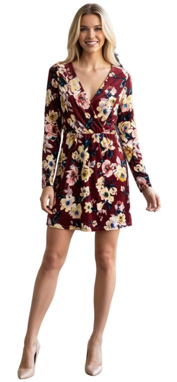 Burgundy Floral Faux Wrap Mini Dress