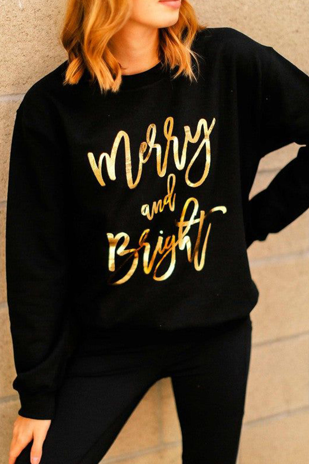 Black Merry & Bright Letter Print Pullover Sweatshirt