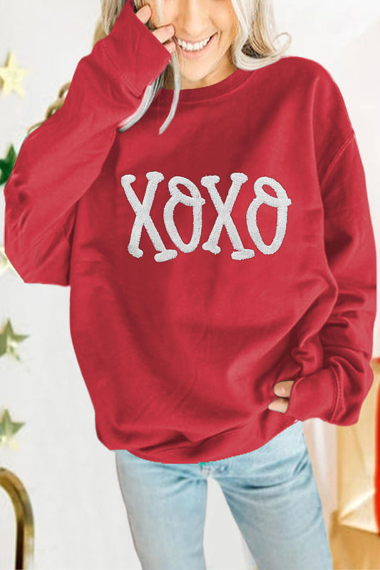 Red XOXO Chenille Embroidered Pullover Sweatshirt