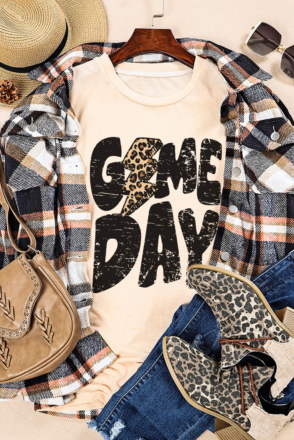 Khaki Game Day Football Season Leopard Lightning T Shirt