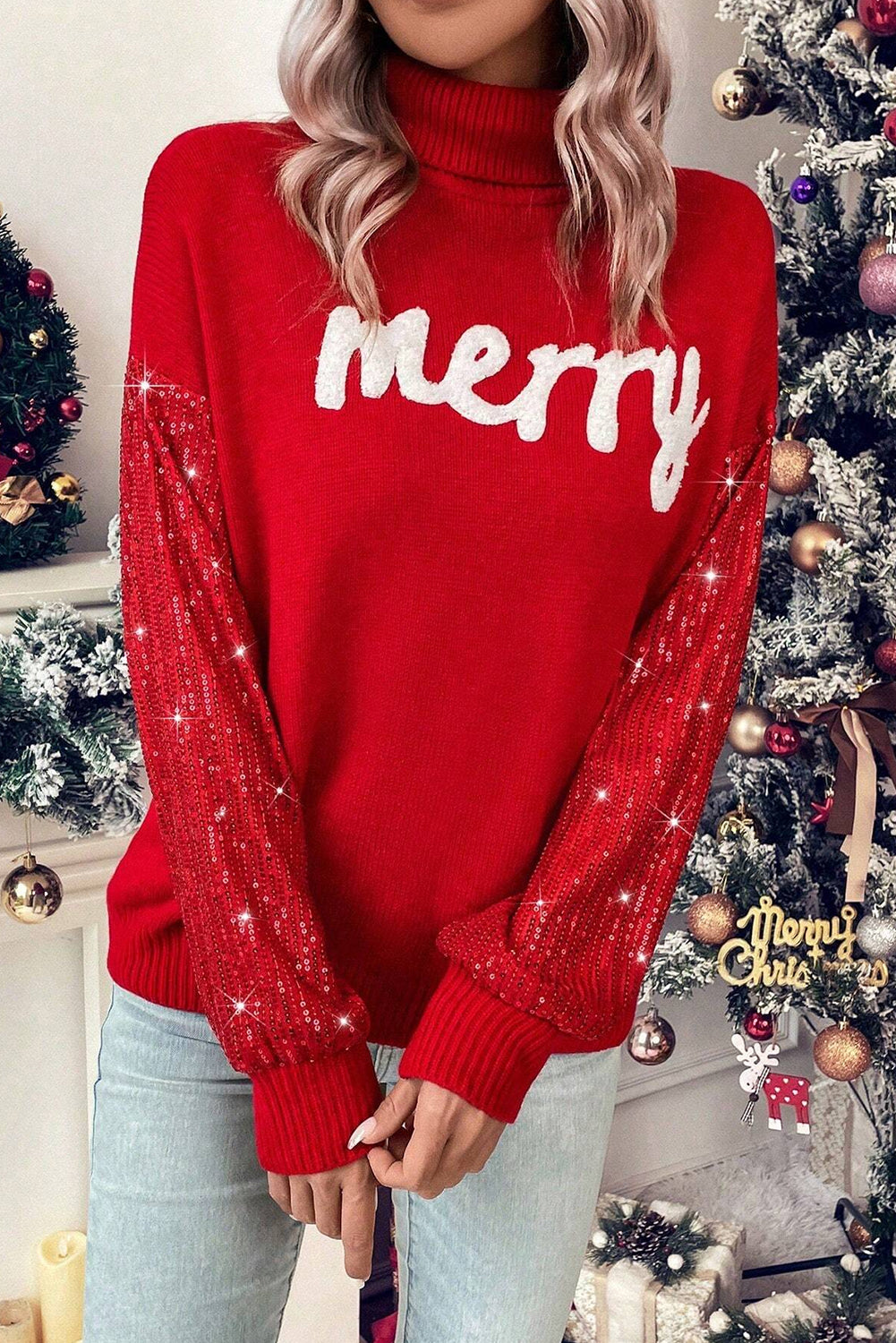 Red Merry Sequin Sleeves Christmas Turtleneck Sweater